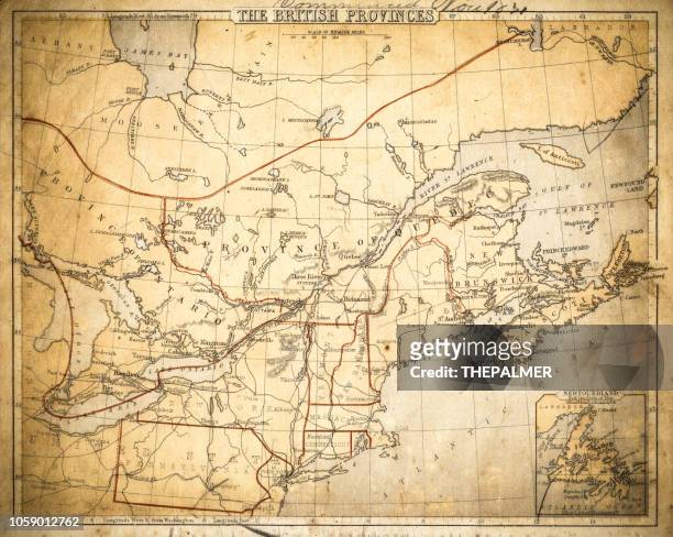 kanada-britisch-amerika-karte von 1869 - old quebec stock-grafiken, -clipart, -cartoons und -symbole