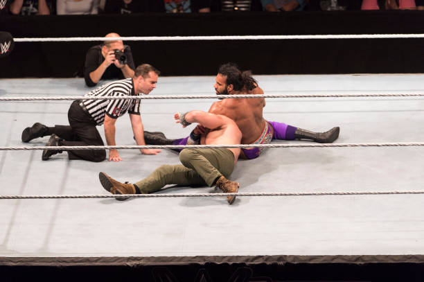 Jinder Mahal competes in the ring against Elias during the WWE Live Show at Lanxess Arena on November 7, 2018 in Cologne, Germany.