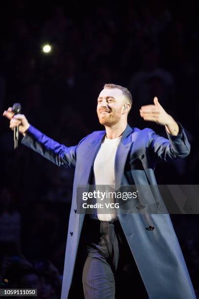 English singer Sam Smith performs onstage during his 'the Thrill of It All' world tour 2018 at Mercedes-Benz Arena on October 23, 2018 in Shanghai,...