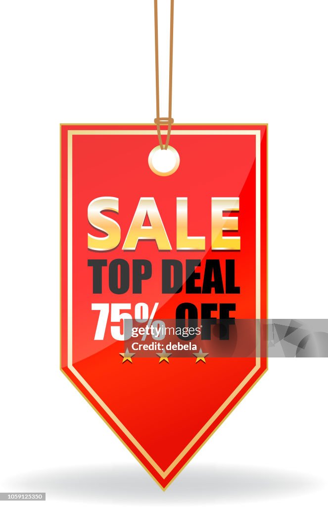 Fünfundsiebzig Prozent Verkauf Top Angebot glänzend roten Preisschild an einem Seil