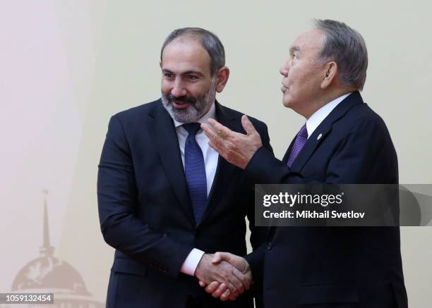 Armenian Prime Minister Nikol Pashinyan greets Kazakh President Nursultan Nazarbayev during the Session of the Council on Collective Security of...