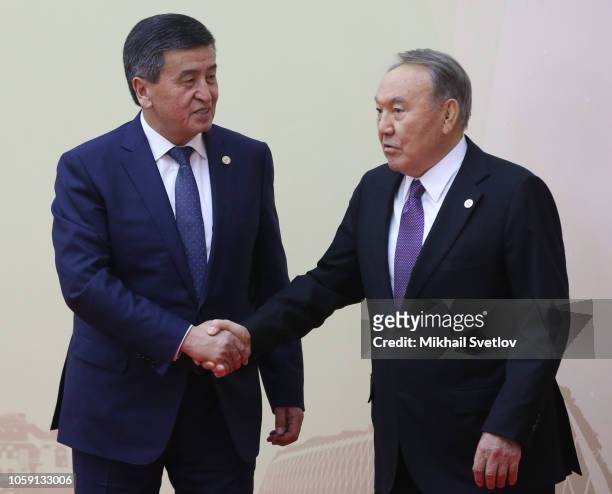 Kyrgyz President Sooronbay Jeenbekov greets Kazakh President Nursultan Nazarbayev during the Session of the Council on Collective Security of...