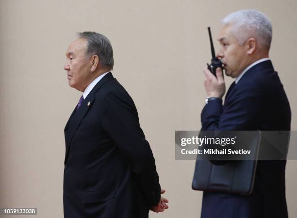Kazakh President Nursultan Nazarbayev enters the hall during the Session of the Council on Collective Security of Collective Security Treaty...