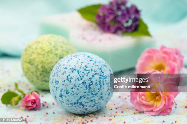 spa composition with bath bombs, bath spa accessories - bath salt stock pictures, royalty-free photos & images