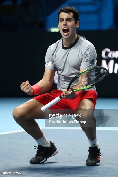 Jaume Munar of Spain celbrates after winning match point in his group match against Frances Tiafoe of The United States during Day Three of the Next...