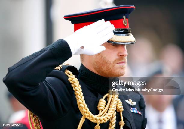 Prince Harry, Duke of Sussex salutes as he attends the opening of the Field of Remembrance at Westminster Abbey on November 8, 2018 in London,...