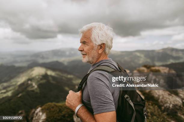 portrait of a senior hiker - overcast portrait stock pictures, royalty-free photos & images