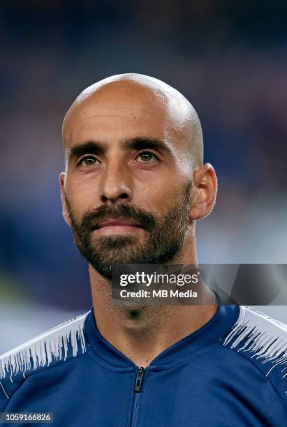 Borja Valero of FC Internazionale looks on prior to the Group B match of the UEFA Champions League between FC Barcelona and FC Internazionale at Camp...