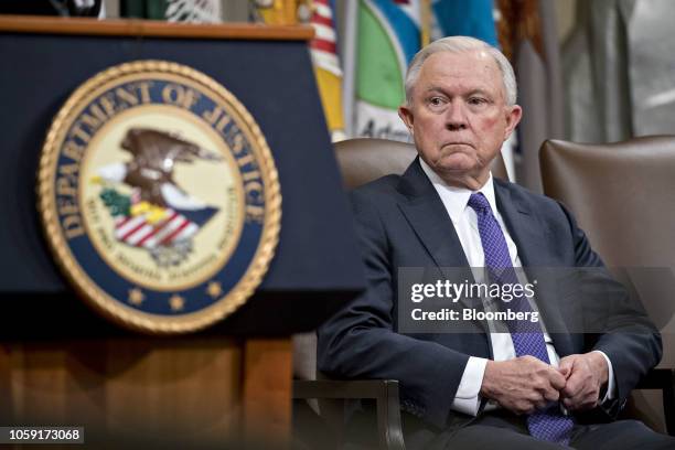 Jeff Sessions, U.S. Attorney general, listens during an event on actions to combat the opioid crisis in the Great Hall at the Department of Justice...