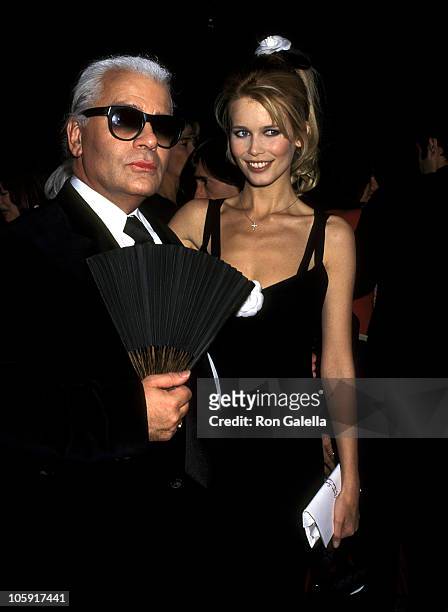Karl Lagerfeld and Claudia Schiffer during 1995 Costume Institute Gala at Metropolitan Museum of Art in New York City, New York, United States.