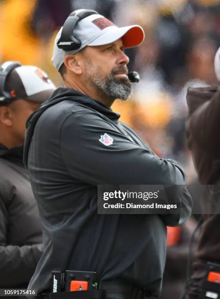 Offensive coordinator Todd Haley of the Cleveland Browns watches the action from the sideline in the first quarter of a game against the Pittsburgh...