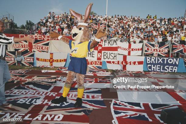 View of the Euro 1992 Rabbit mascot standing in front of England football fans in a stand as they wait for kick off prior to the Group 1 match...