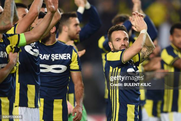 Fenerbahce's French midfielder Mathieu Valbuena celebrates after winning the UEFA Europa League Group D football match between Fenerbahce SK and RSC...