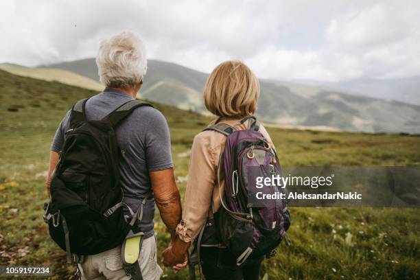 active seniors hiking together - elderly woman from behind stock pictures, royalty-free photos & images