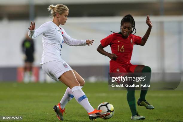 Abby Dahlkemper of United States and Diana Silva of Portugal in action during the International Friendly match between Portugal and United States of...