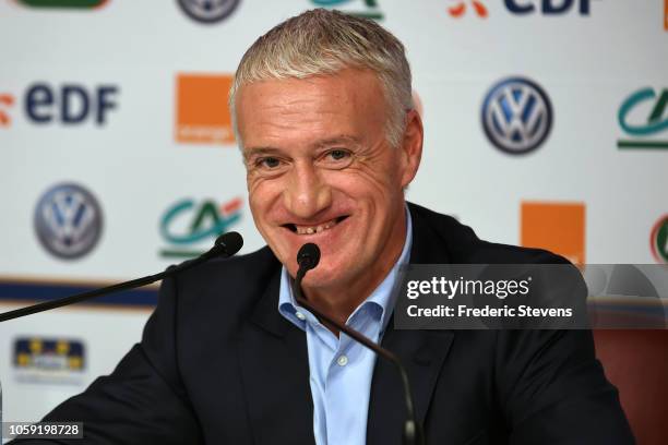 French football team head coach Didier Deschamps gives a press conference at the French Football Federation headquarters on November 8, 2018 in...