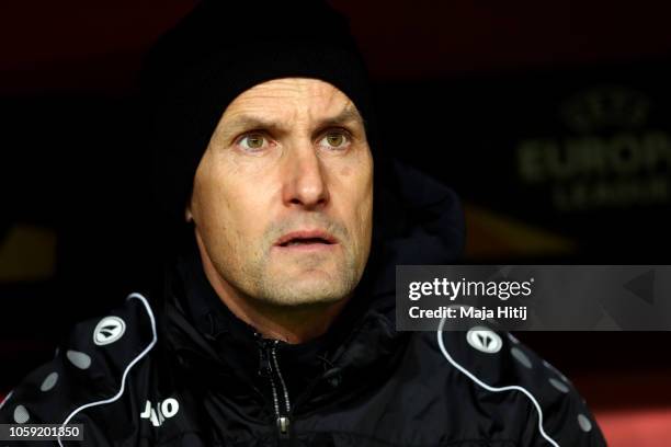 Heiko Herrlich, head coach of Bayer 04 Leverkusen looks on prior to the UEFA Europa League Group A match between Bayer 04 Leverkusen and FC Zurich at...