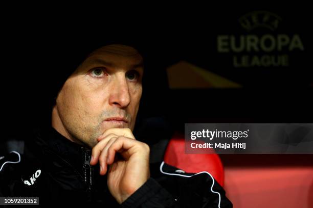 Heiko Herrlich, head coach of Bayer 04 Leverkusen looks on prior to the UEFA Europa League Group A match between Bayer 04 Leverkusen and FC Zurich at...