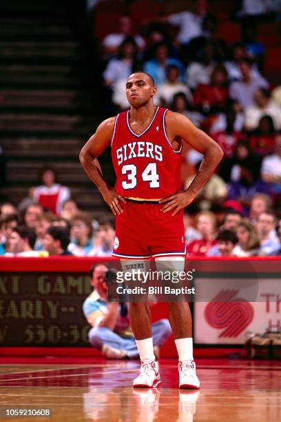 Charles Barkley of the Philadelphia 76ers looks on during a game against the Houston Rockets circa 1984 at the Summitt in Houston, Texas. NOTE TO...