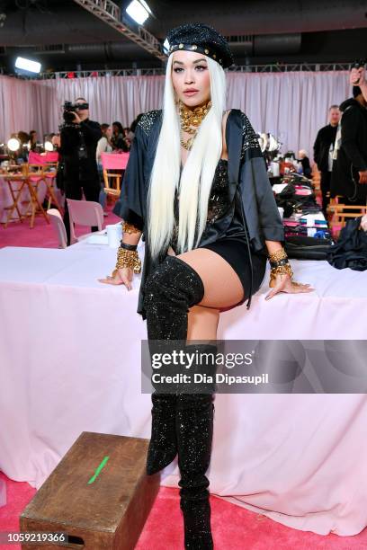 Rita Ora prepares backstage during 2018 Victoria's Secret Fashion Show in New York at Pier 94 on November 8, 2018 in New York City.