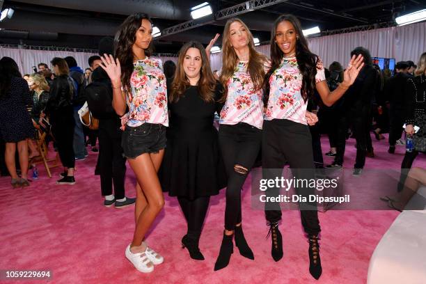 Lais Ribeiro, Mary Katrantzou , Josephine Skriver and Jasmine Tookes pose backstage during 2018 Victoria's Secret Fashion Show in New York at Pier 94...