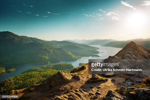 wideangle view from peak of ben a'an over loch katerine - scenics stock pictures, royalty-free photos & images