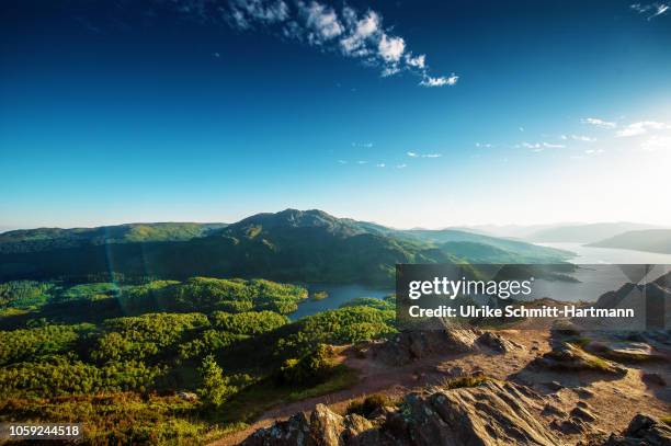 wideangle view from ben a'an over loch katerine - the trossachs stock pictures, royalty-free photos & images