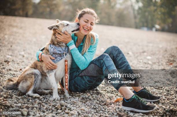 vrouw rusten op strand met hond - animal sport stockfoto's en -beelden