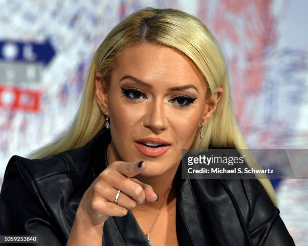Singer Kaya Jones speaks during Politicon 2018 at Los Angeles Convention Center on October 20, 2018 in Los Angeles, California.