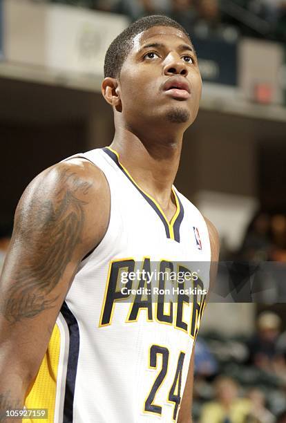 Paul George of the Indiana Pacers stands on the court during a game against the New Orleans Hornets on October 15, 2010 at Conseco Fieldhouse in...