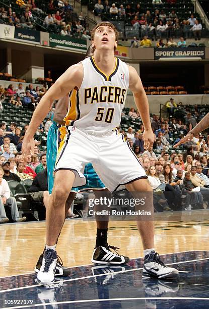 Tyler Hansbrough of the Indiana Pacers battles for position under the basket during a game against the New Orleans Hornets on October 15, 2010 at...