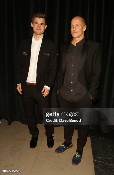 Magnus Carlsen and Woody Harrelson attends the FIDE World Chess Championship 2018 Gala Opening 2018 at The V&A on November 8, 2018 in London, England.