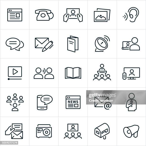 ilustraciones, imágenes clip art, dibujos animados e iconos de stock de iconos de métodos de comunicación - revista publicación