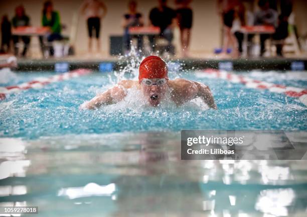 young boy swimming butterfly stroke for school sports - kids swim caps stock pictures, royalty-free photos & images