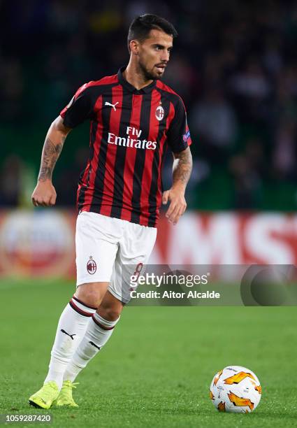 Suso of AC Milan in action during the UEFA Europa League Group F match between Real Betis and AC Milan at Estadio Benito Villamarin on November 8,...