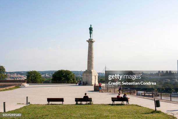 the victor, monument to serbia's victory over ottoman and austro-hungarian empire, kalemegdan fortress, belgrade, serbia belgrade, serbia - belgrade skyline stockfoto's en -beelden