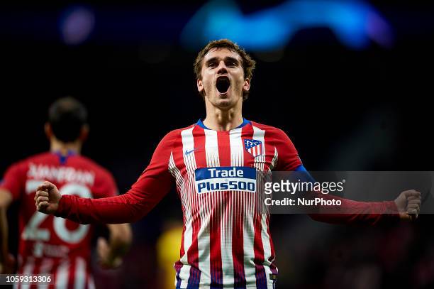 Antoine Griezmann of Atletico Madrid celebrates after scoring his sides first goal during the Group A match of the UEFA Champions League between...