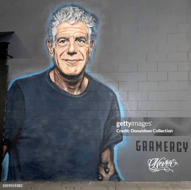 Mural of chef Anthony Bourdain painted on the side of Gramercy Restaurant by artist Jonas Never on October 25, 2018 in Los Angeles, California....