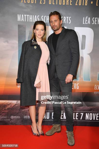 Lea Seydoux and Matthias Schoenaerts attend "Kursk" Paris Premiere at La Cite Du Cinema on October 25, 2018 in Saint-Denis, France.