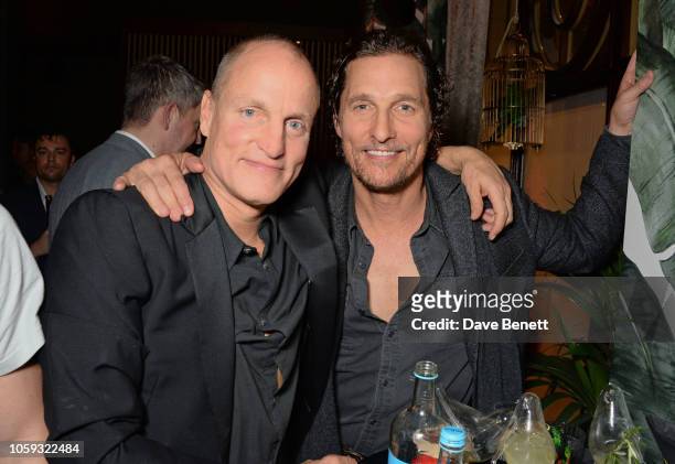 Woody Harrelson and Matthew McConaughey attend the launch party of new bar The Parrot at The Waldorf Hilton hosted by Idris Elba on November 8, 2018...