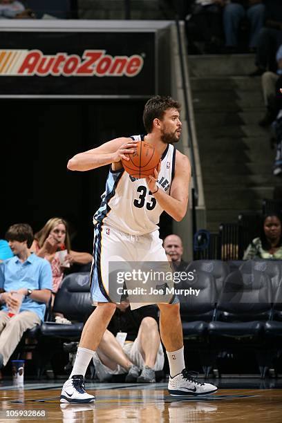 Marc Gasol of the Memphis Grizzlies looks on during the NBA preseason game against the New Orleans Hornets on October 18, 2010 at the FedExForum in...