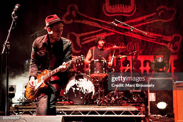 Brian Fallon and Benny Horowitz of The Gaslight Anthem perform on stage at Hammersmith Apollo on October 21, 2010 in London, England.