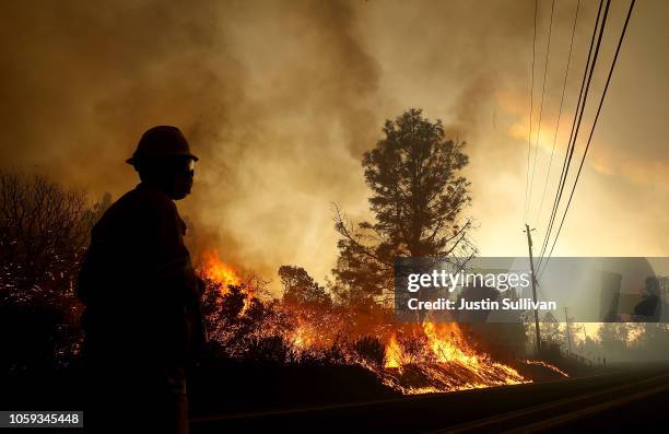 The Camp Fire moves through the area on November 8, 2018 in Paradise, California. Fueled by high winds and low humidity, the rapidly spreading Camp...