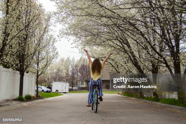 biking through spring blossoms - bike pedal stock pictures, royalty-free photos & images