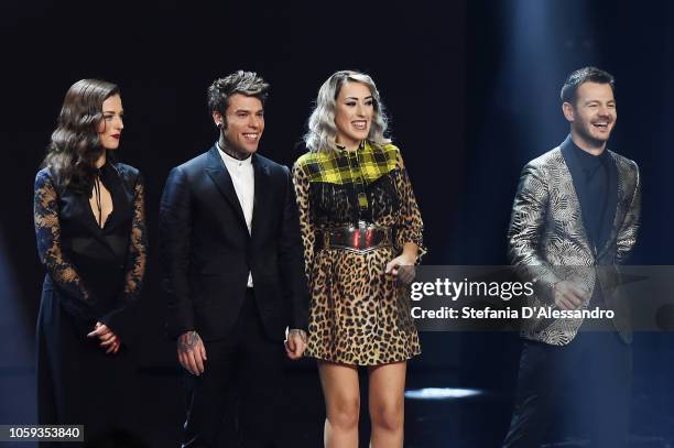 Renza Castelli, Fedez, Naomi and Alessandro Cattelan attend X Factor tv show at Teatro Linear Ciak on November 8, 2018 in Milan, Italy.