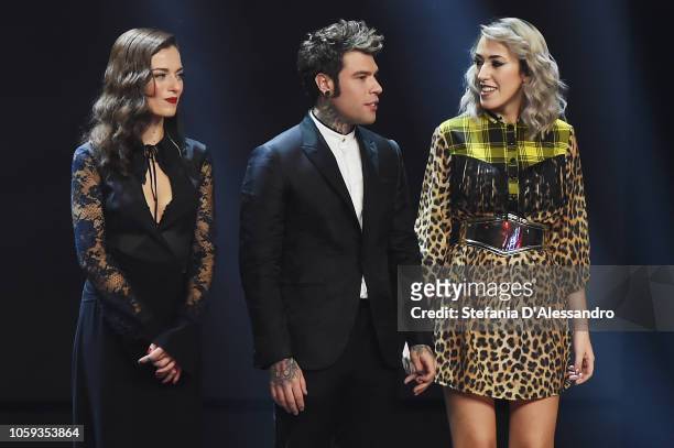 Renza Castelli, Fedez and Naomi attend X Factor tv show at Teatro Linear Ciak on November 8, 2018 in Milan, Italy.