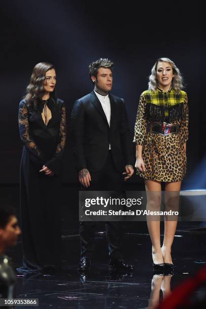 Renza Castelli, Fedez and Naomi attend X Factor tv show at Teatro Linear Ciak on November 8, 2018 in Milan, Italy.