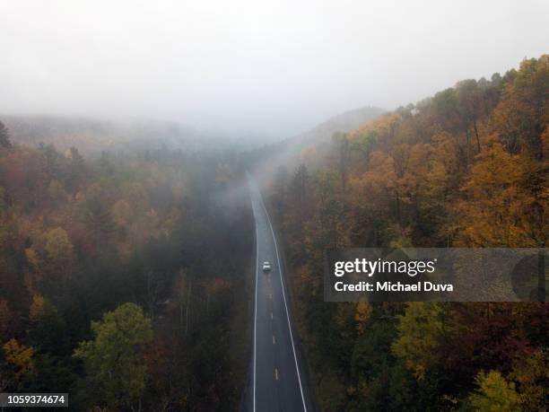 aerial view of a road with autumn leaves changing - 阿迪朗達克州立公園 個照片及圖片檔