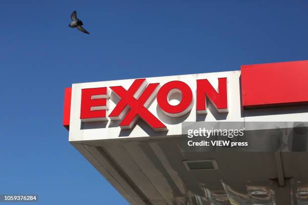 October 25: A pigeon flies over a Exxon mobile gas station on October 25, 2018 in Gutenberg New Jersey. New York Attorney General Barbara Underwood...