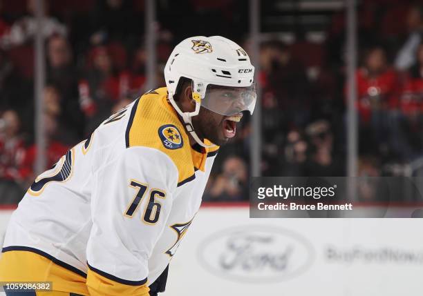 Subban of the Nashville Predators yells at teammates during the first period against the New Jersey Devils at the Prudential Center on October 25,...